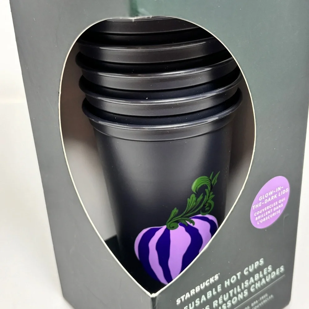 NWT STARBUCKS Halloween Pumpkin Reusable Hot Cups with Glow-In-The-Dark Lids